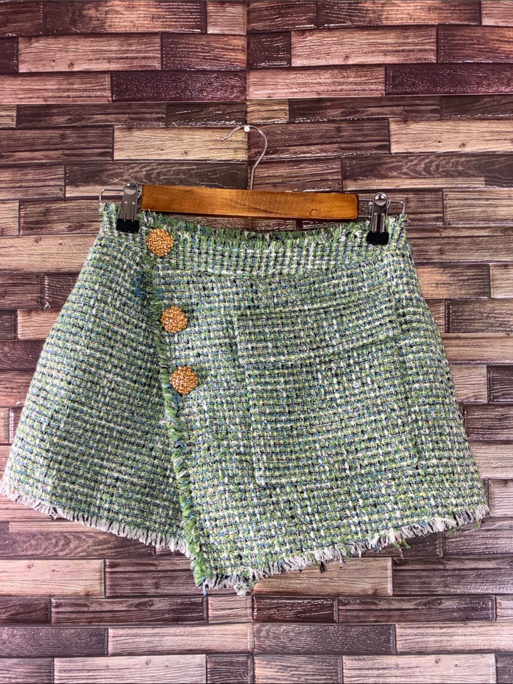 EUC Self-Portrait Green Tweed Mini Skort with Blue Accent Size 4